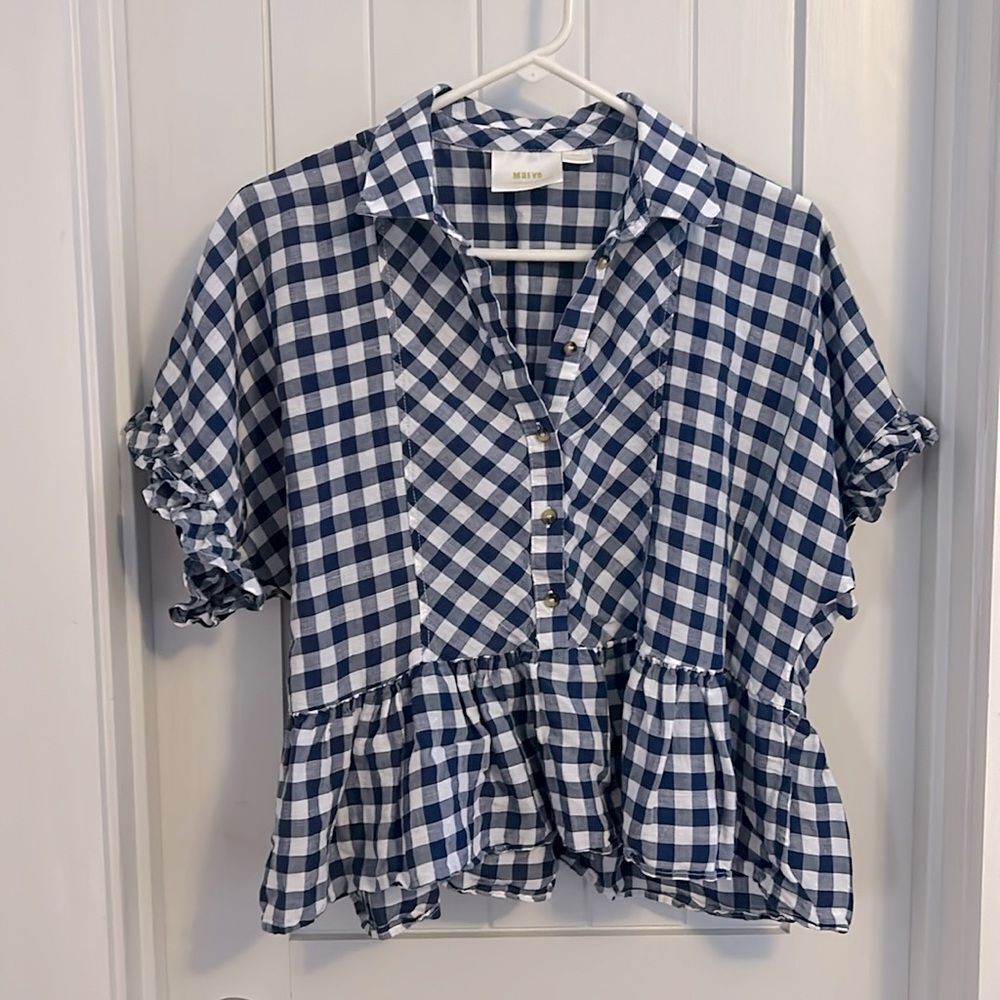 Maeve Anthropologie Navy and White Gingham Peplum Button Front Top